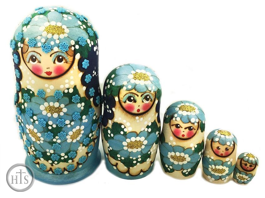 Product Image - Matreshka 5 Nesting Doll,  Beaded, Hand Carved, Blue