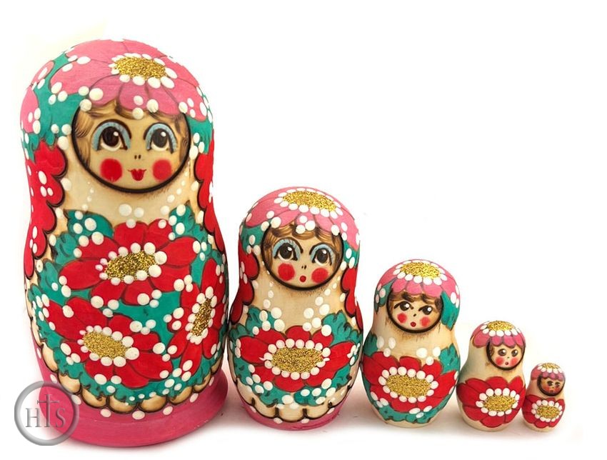 Pic - Matreshka 5 Nesting Doll,  Beaded, Hand Carved, Pink