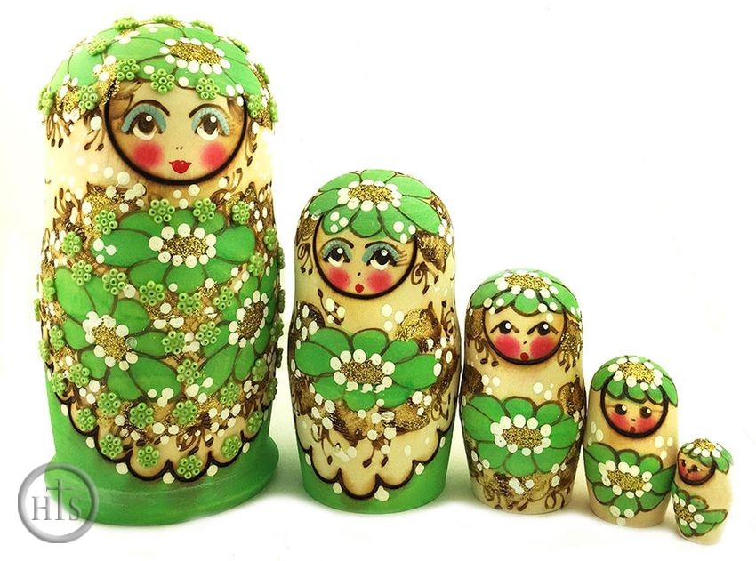 Pic - Matreshka 5 Nesting Doll,  Beaded, Hand Carved, Green