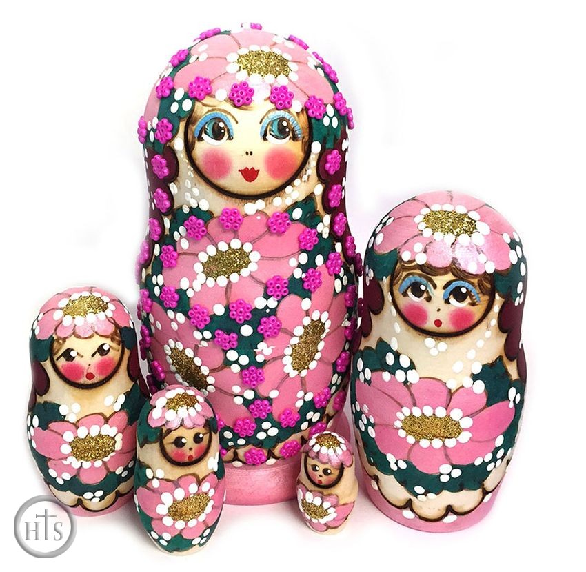 HolyTrinity Pic - Matreshka 5 Nesting Doll,  Beaded, Hand Carved, Pink