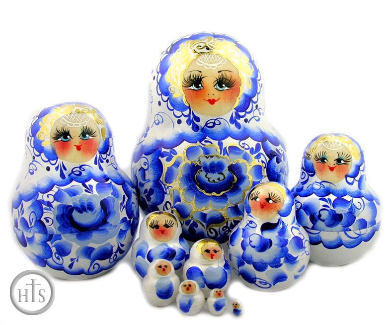 Product Photo - Matreshka 10 Nesting Dolls, Hand Painted, Hand Carved