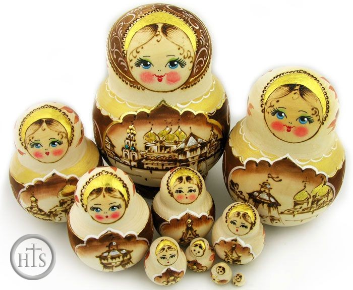 Picture - Matrioshka 10 Nested Dolls With Churches, Hand Painted, Hand Carved