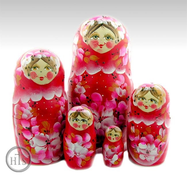 Image - Matrioshka 5 Nested Floral Dolls, Hand Painted, Hand Carved, Red