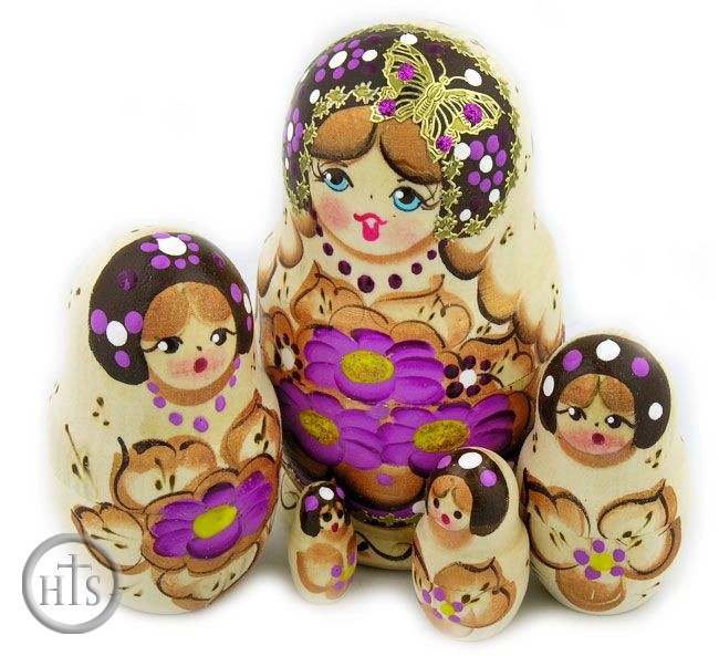Pic - Matrioshka 5 Nesting Doll With Butterfly, Hand Carved, Woodburn