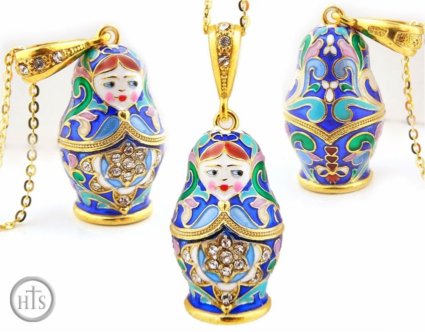Product Image - Matreshka Russian Doll Enamel Pendant, Silver 925, Gold Plated
