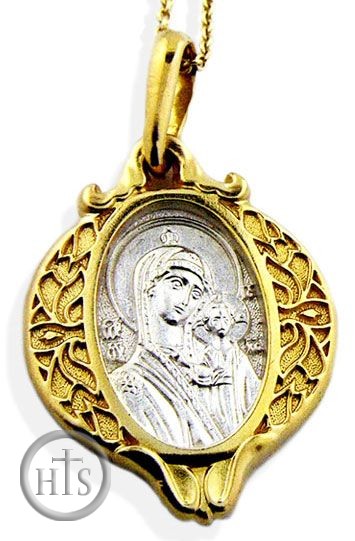 HolyTrinityStore Picture - Virgin of Kazan, Sterling Silver 925, Gold Plated Icon Pendant 