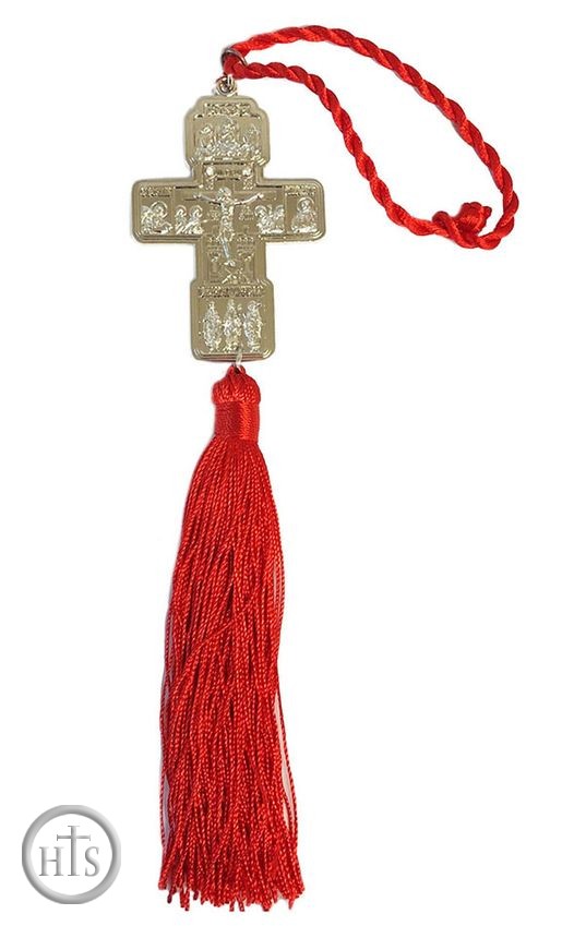 HolyTrinity Pic - Metal Cross with Corpus Crucifix, Holy Trinity, Saints and Red Tassel