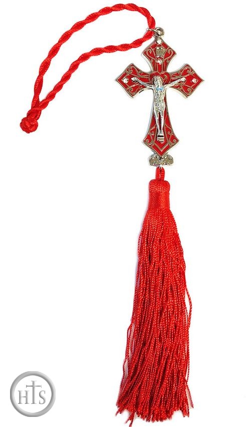 HolyTrinityStore Image - Two Tone Metal Cross with Corpus Crucifix and Red Tassel
