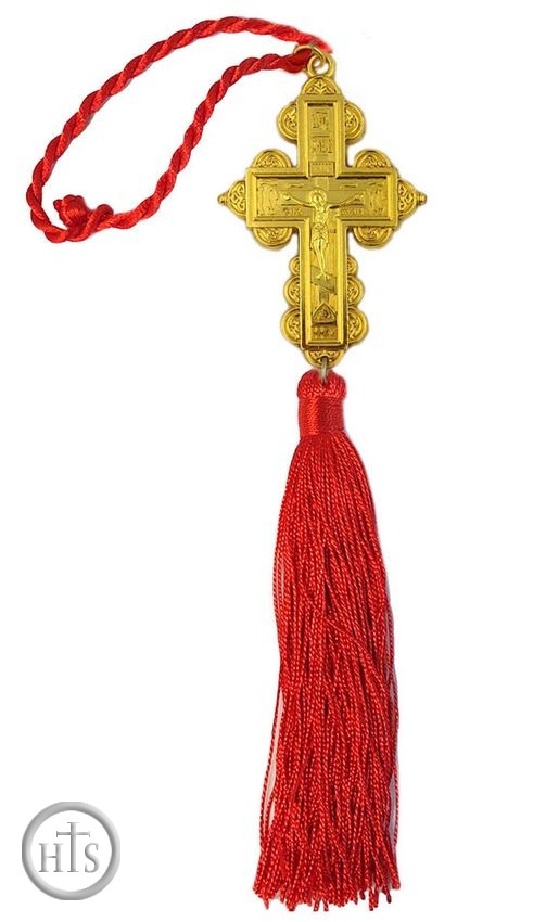 Product Image - Gold Tone  Metal Cross with Corpus Crucifix and Red Tassel
