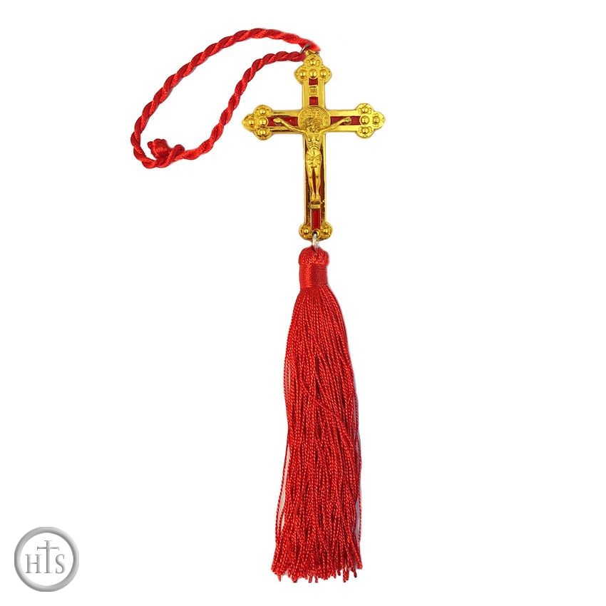 HolyTrinityStore Image - Two Tone  Metal Cross with Corpus Crucifix and Red Tassel