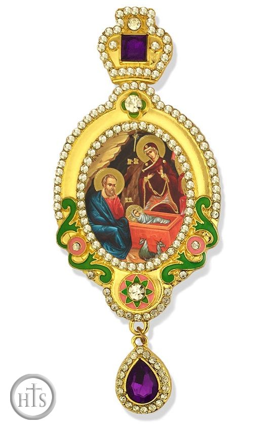 HolyTrinity Pic - The Nativity,  Jeweled Icon Ornament, Yellow Frame & Purple Crystals