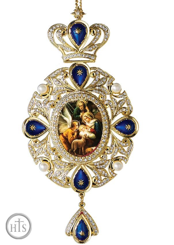 HolyTrinity Pic - Nativity Scene, Panagia Style Icon Ornament / Blue Crystals