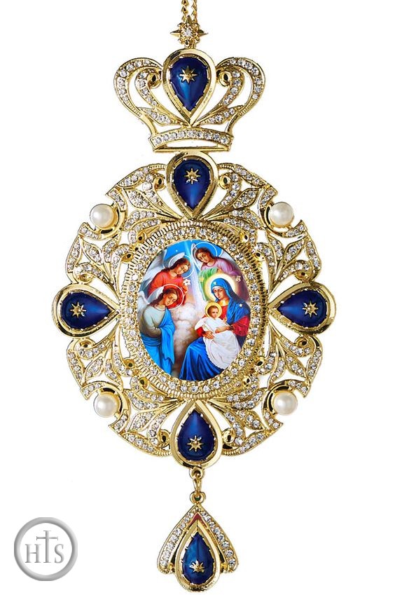 HolyTrinityStore Photo - Nativity Scene, Panagia Style Icon Ornament / Blue Crystals