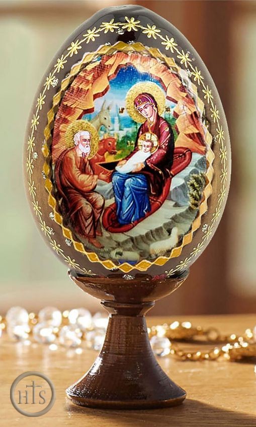 HolyTrinityStore Picture - Nativity of Christ, Wooden Icon Egg With Stand