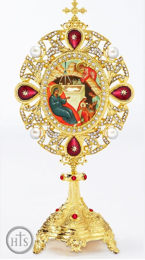 Product Picture - Nativity of Christ, Icon in Pearl Jeweled Shrine - Monstrance Style