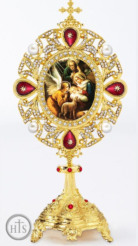 HolyTrinityStore Photo - Nativity of Christ, Icon in Pearl Jeweled Shrine - Monstrance Style