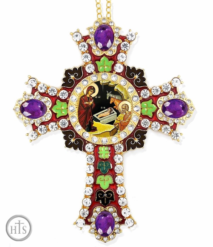 Picture - Nativity of Christ, Greek Icon in Jeweled Wall Cross