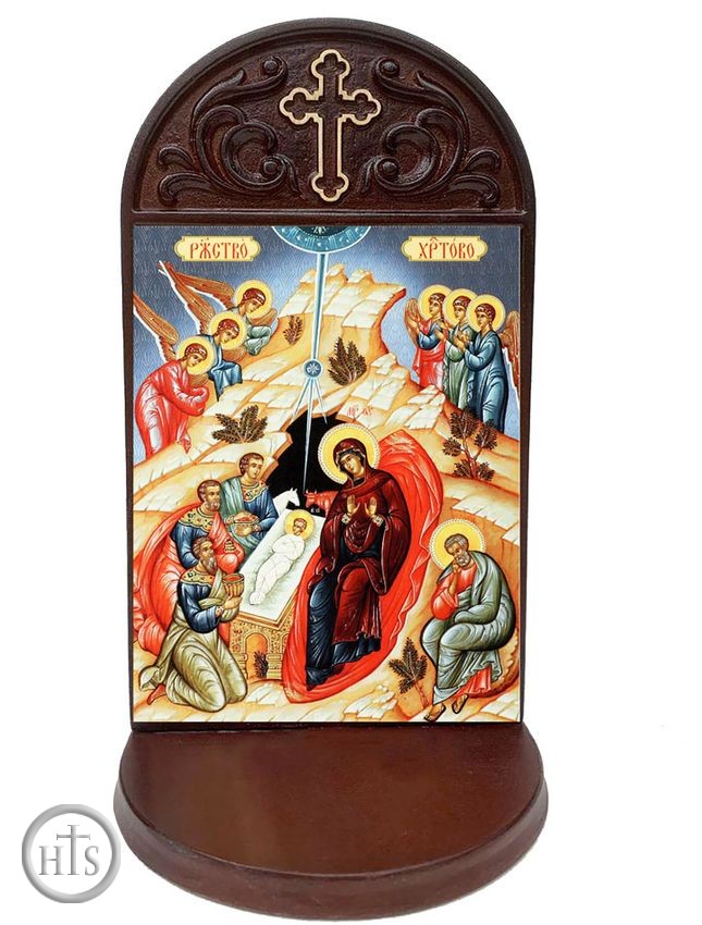 HolyTrinityStore Picture - The Nativity Icon Wooden Shrine With Shelf 