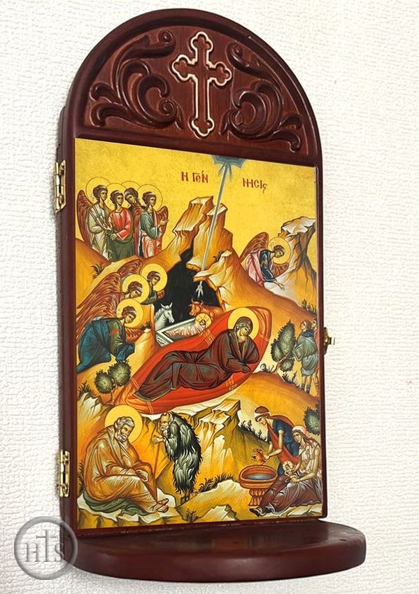 HolyTrinityStore Picture - The Nativity Icon Wooden Shrine With Shelf 
