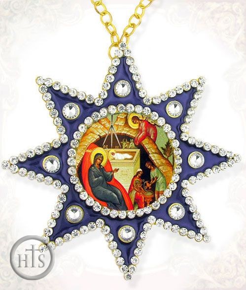 Image - Nativity of Christ Framed Icon Pendant,  Star of Bethlehem Style, Blue