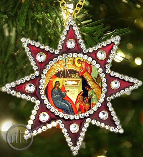 HolyTrinityStore Picture - Nativity of Christ Framed Icon Pendant,  Star of Bethlehem Style, Red 