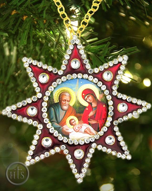 Product Pic - Nativity of Christ Framed Icon Pendant,  Star of Bethlehem Style, Red 
