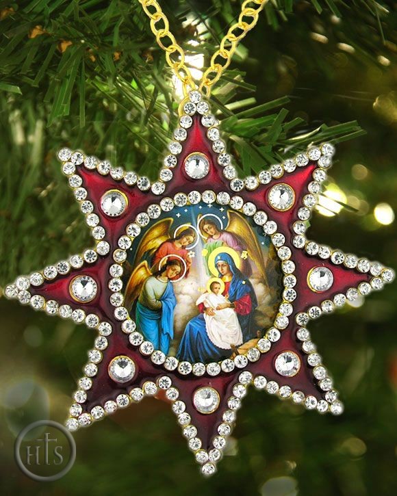 HolyTrinity Pic - Nativity of Christ Framed Icon Pendant,  Star of Bethlehem Style, Red
