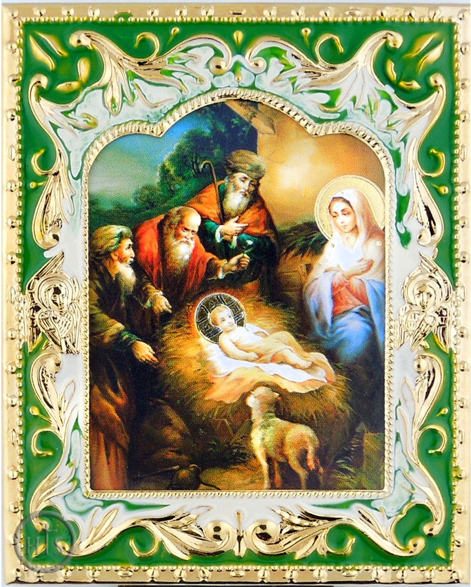 Product Picture - Nativity of Christ  Icon in Enameled Frame with Stand