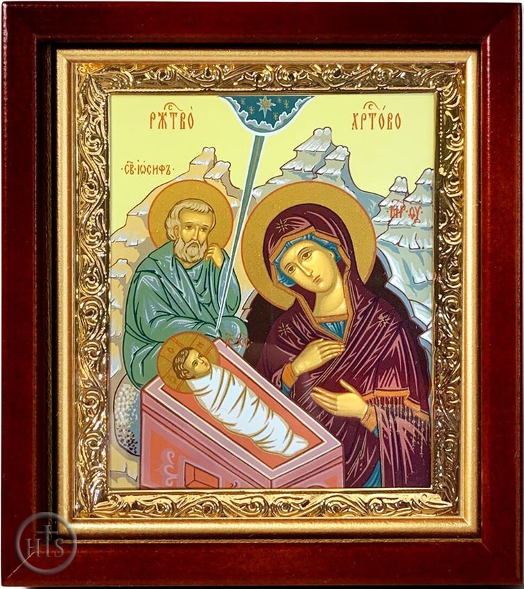 Picture - Nativity of Christ, Wood  Framed Icon, Gold Plate