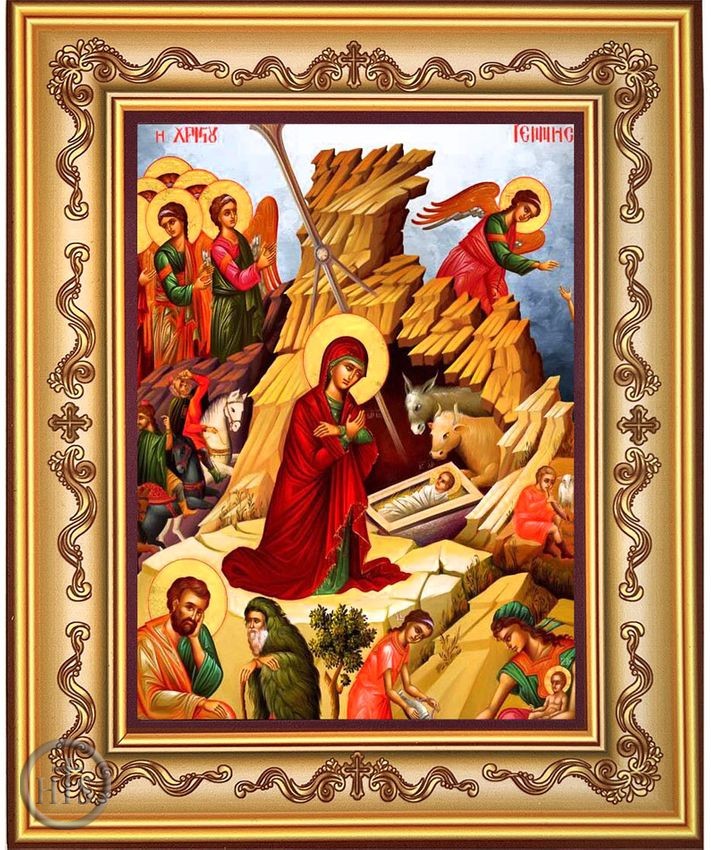 Photo - Nativity of Christ With Angels, Orthodox Icon in Frame 