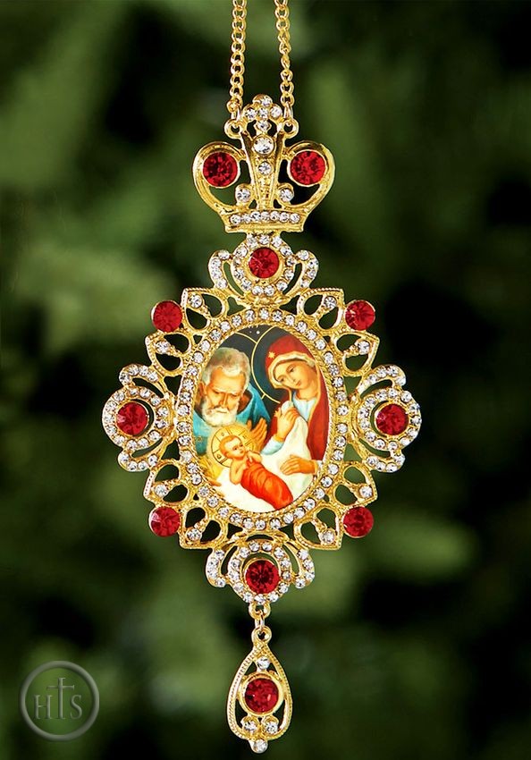 Picture - Nativity of Christ, Jeweled Icon Ornament / Red Crystals