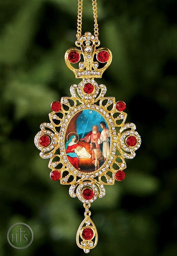 Product Photo - Nativity of Christ, Jeweled Icon Ornament / Red Crystals