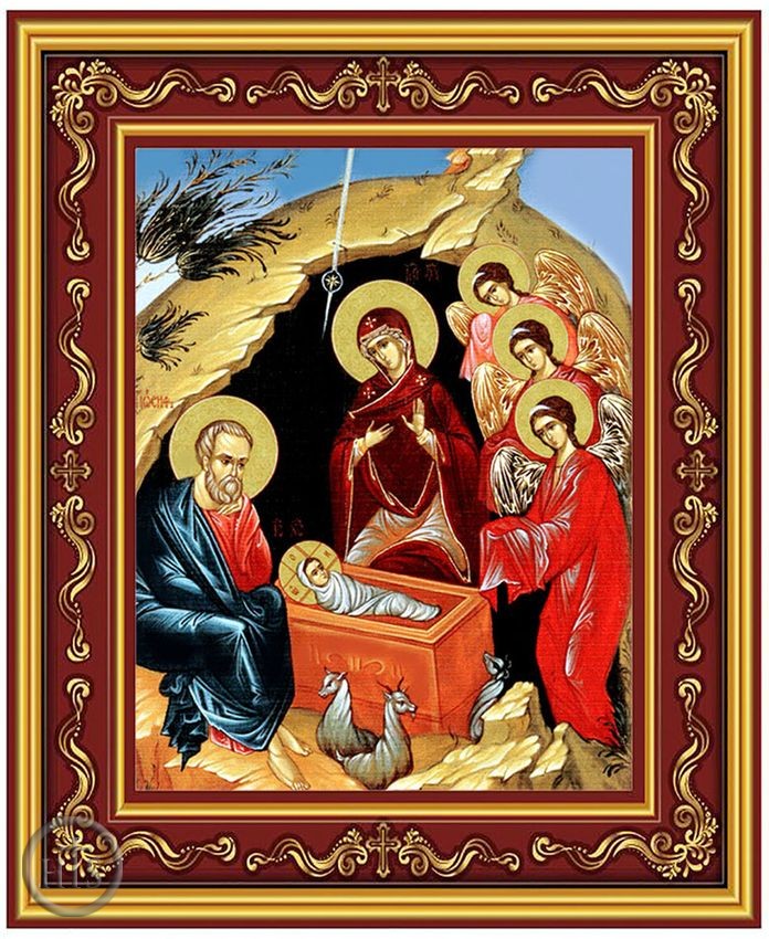 Picture - Nativity of Christ With Angels, Gold Foil Orthodox Icon in Frame 
