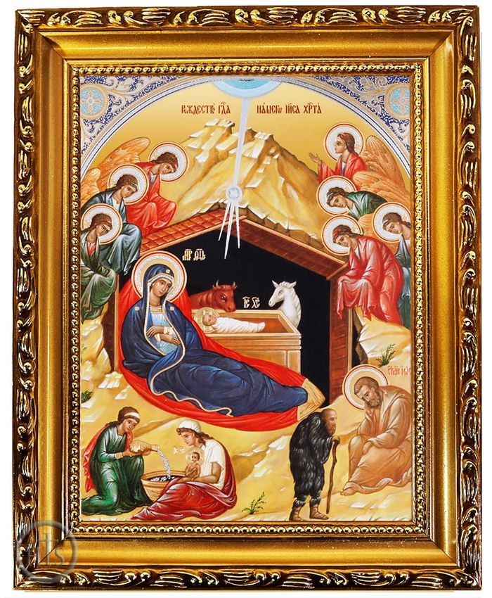 HolyTrinity Pic - Nativity of Christ, Wooden Frame Gold Foil Icon with Stand