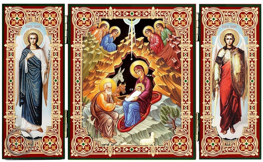 Product Pic - Nativity of Christ, Icon Triptych with Arch. Michael and Gabriel