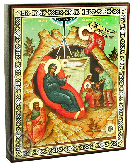 Picture - Nativity of Christ, Orthodox  Icon with Relic Stone From Holy Land
