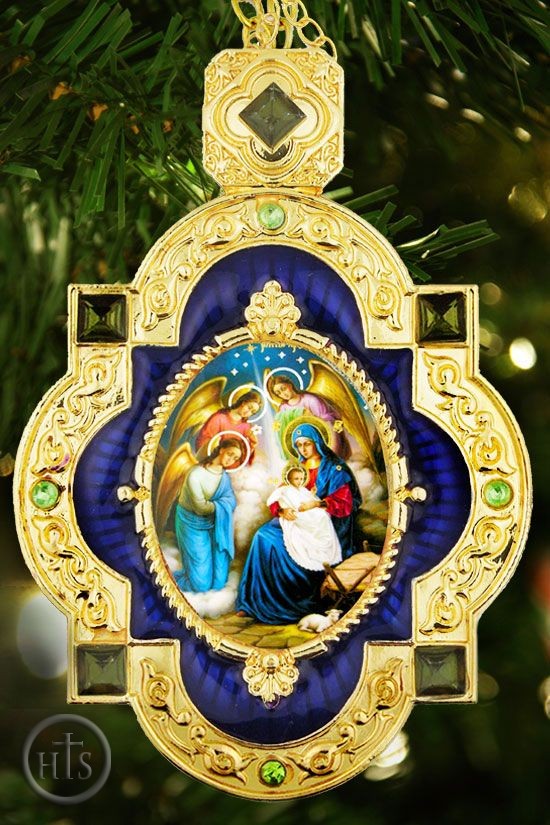 Picture - Nativity of Christ. Jeweled  Framed Icon Ornament with Chain