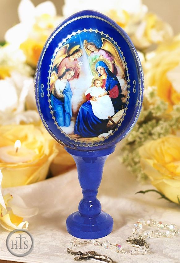 HolyTrinity Pic - Nativity of Christ, Wooden Decoupage Icon Egg with Stand, Blue