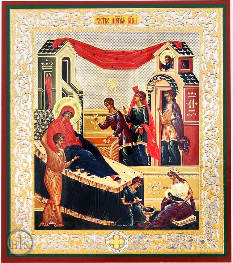Pic - Nativity of Virgin Mary, Gold Foil Orthodox Icon with Stand