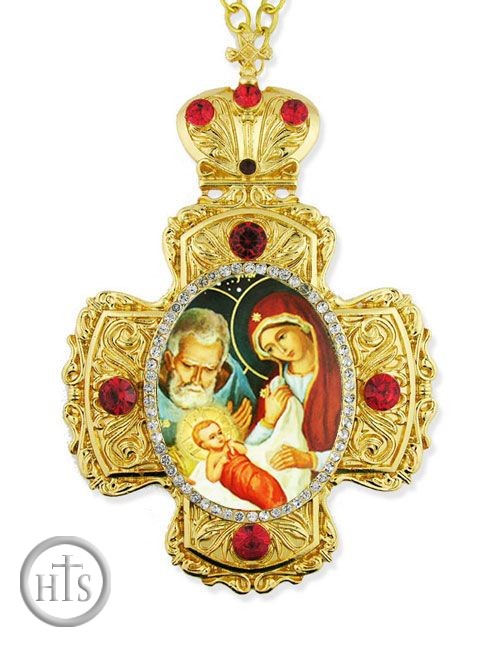 Product Image - Nativity of Christ, Faberge Style Framed Cross-Shaped Icon Pendant