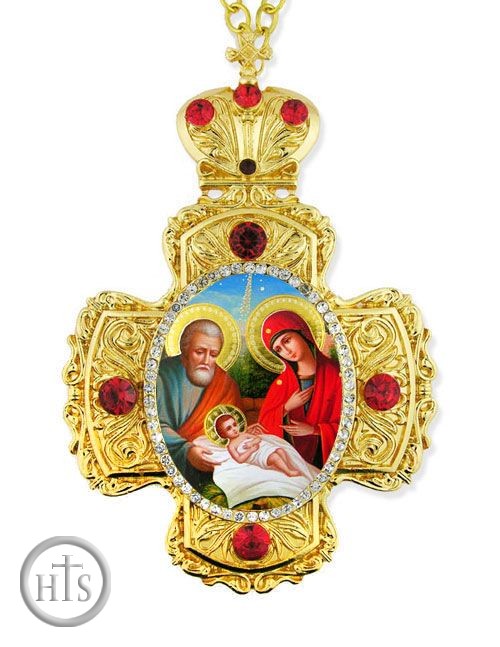 Product Picture - Nativity of Christ, Faberge Style Framed Cross-Shaped Icon Pendant