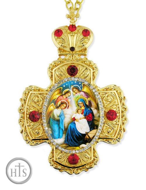HolyTrinityStore Image - Nativity of Christ, Faberge Style Framed Cross-Shaped Icon Pendant