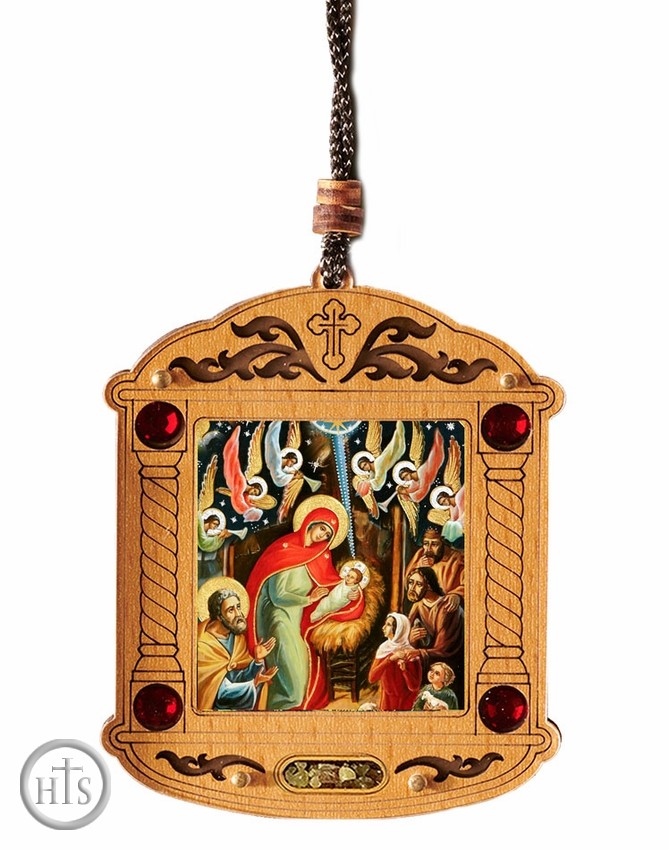 Product Photo - The Nativity, Wooden Icon Shrine Pendant Ornament on Rope