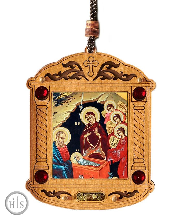 HolyTrinityStore Picture - The Nativity, Wooden Icon Shrine Pendant Ornament on Rope