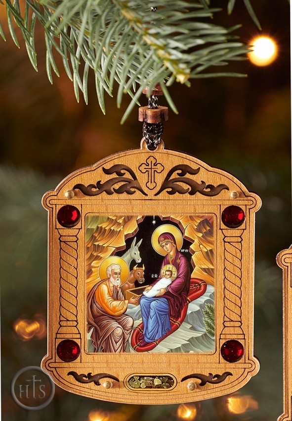Product Picture - The Nativity, Wooden Icon Shrine Pendant Ornament on Rope