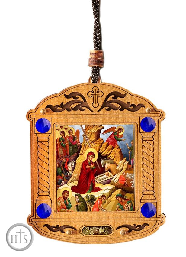 Picture - The Nativity, Wooden Icon Shrine Pendant Ornament on Rope