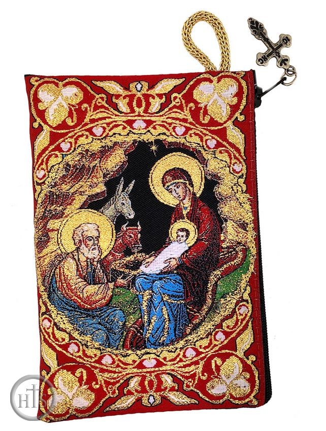HolyTrinity Pic - The Nativity, Rosary Pouch Case, Red/Gold