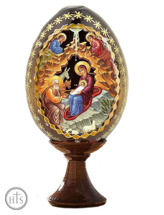 HolyTrinityStore Image - The Nativity Scene, The Holy Family, Wooden Icon Egg with Stand