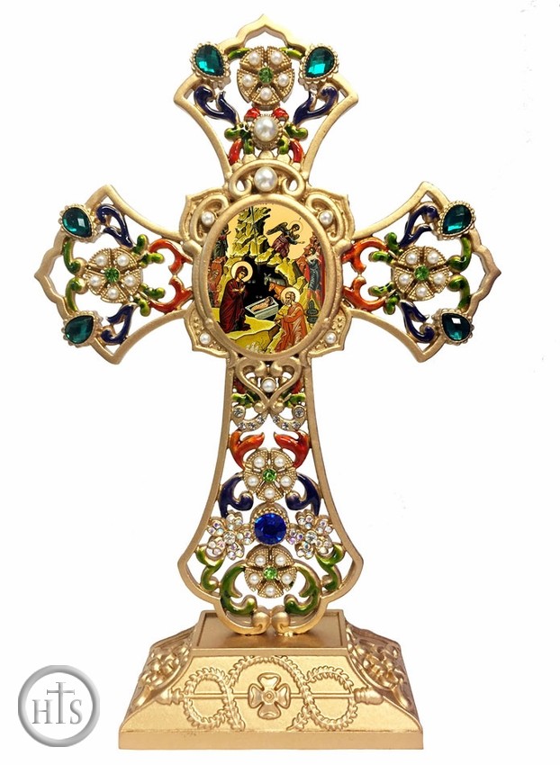 Picture - Filigree Standing Jeweled Cross with Nativity,  Gold Foil Byzantine Icon