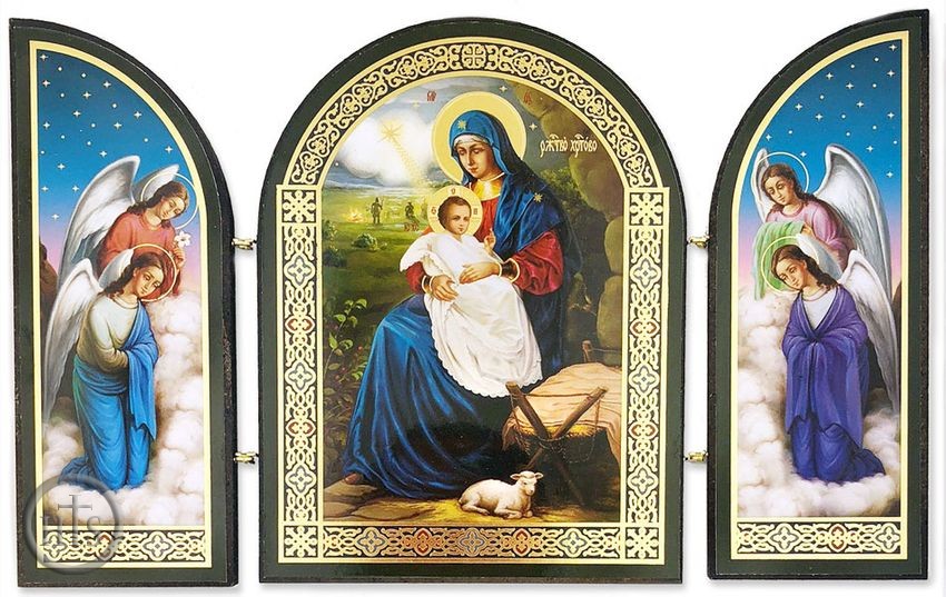 HolyTrinityStore Image - Nativity  Icon Surrounded by Angels, Gold Foil Triptych 